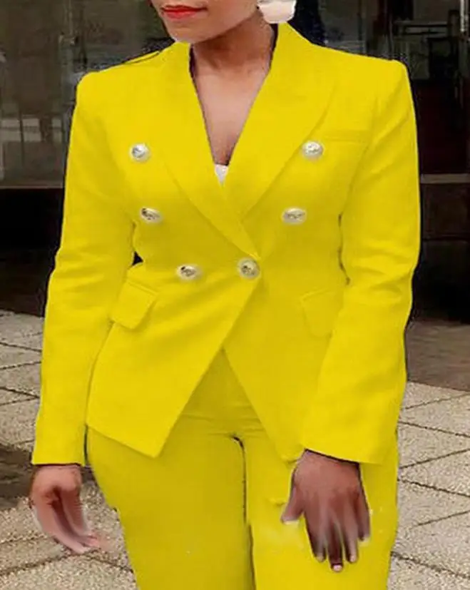 Blazer croisé à manches longues et pantalon uni élégant pour femmes, tenues de bureau pour dames, mode printemps, ensemble de 2 pièces, 2023