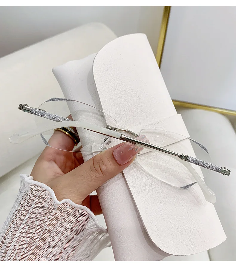 2025, neue Damen-Lesebrille, hochwertig, randlos, blockiert blaues Licht, Farbverlauf, Anti-Blulet, Brille, modische Lesebrille – Detail 7