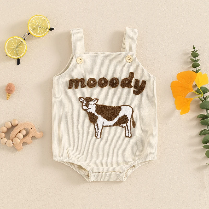 2024-04-17 Lioraitiin Baby Boys Girls Western Overalls Sleeveless Cow Embroidery Rompers Newborn Summer Outfit