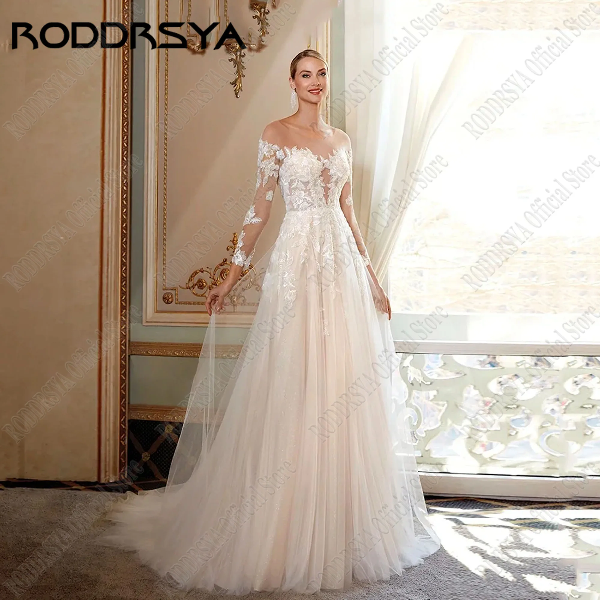 

RODDRSYA Sparkly A-Line Elegant Wedding Dresses For Woman Scoop Long Sleeves Applique Glitter Tulle Button Back Bride Gowns