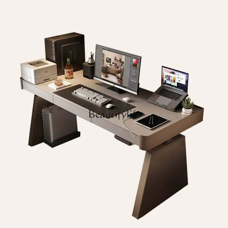 

yj4Smart Desk Light Luxury High-End Home Office Saddle Leather Electric Liftable Computer Desk