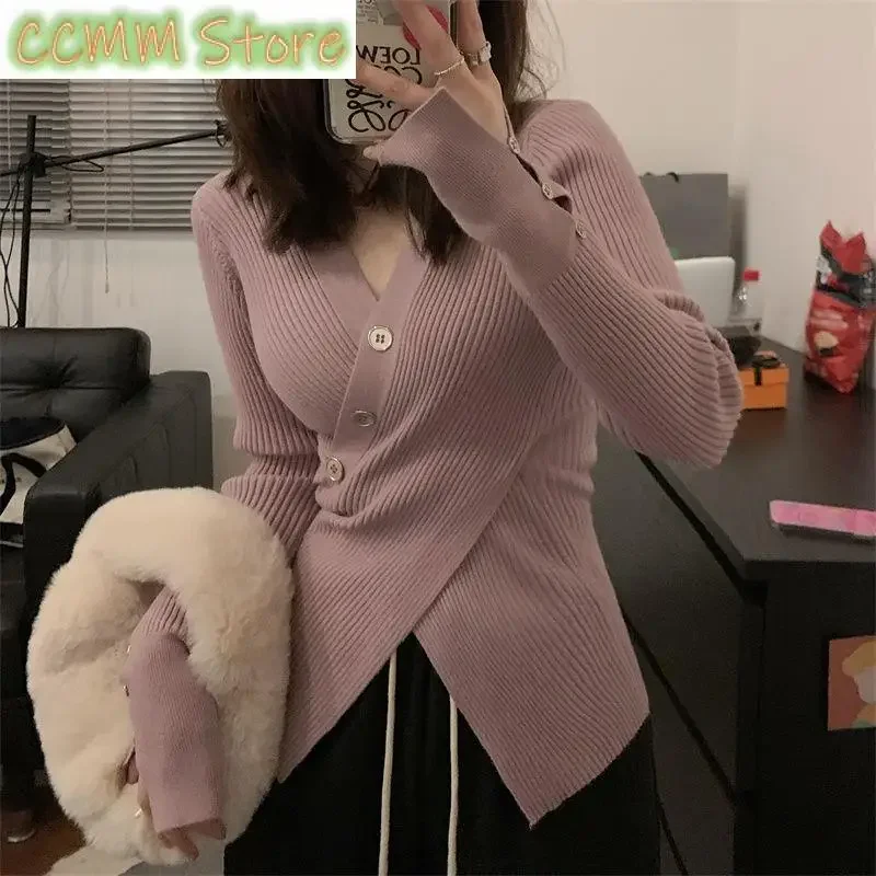 New Autumn Winter Pure Desire Irregular Thin V-neck Sweater Women's Pullover Cross Fit Split Long Sleeve with Bottom Knit Top