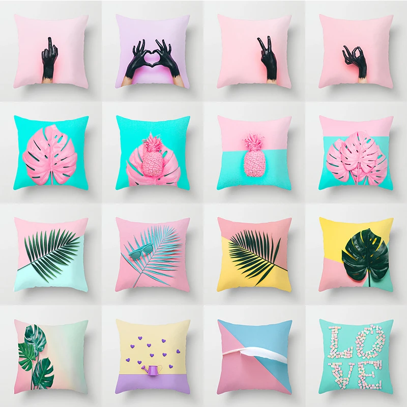 45X45CM Nordic Style Pink Tropical Leaves Pillow Cover Sofa Cushion  Geometric Square Throw   Wholesale