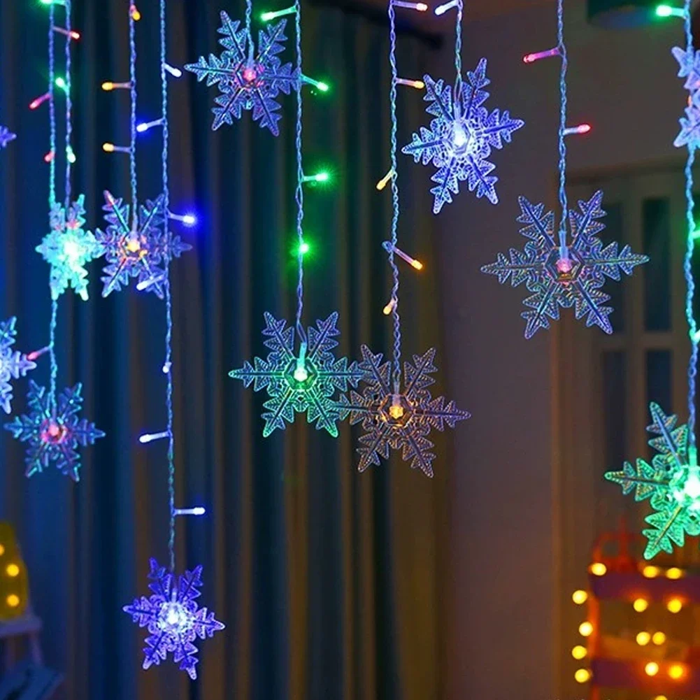 Guirnalda de luces navideñas LED, guirnalda de cortina con copos de nieve, impermeable, para decoración navideña, fiesta, 2024