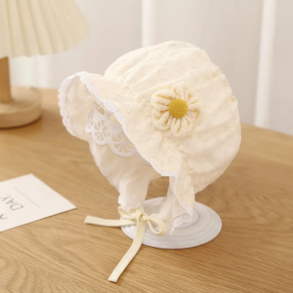 

New Lace Baby Bow Fisherman Hat Breathable Ruffle Baby Bonnet Hat Short Eave Lace Up Cap
