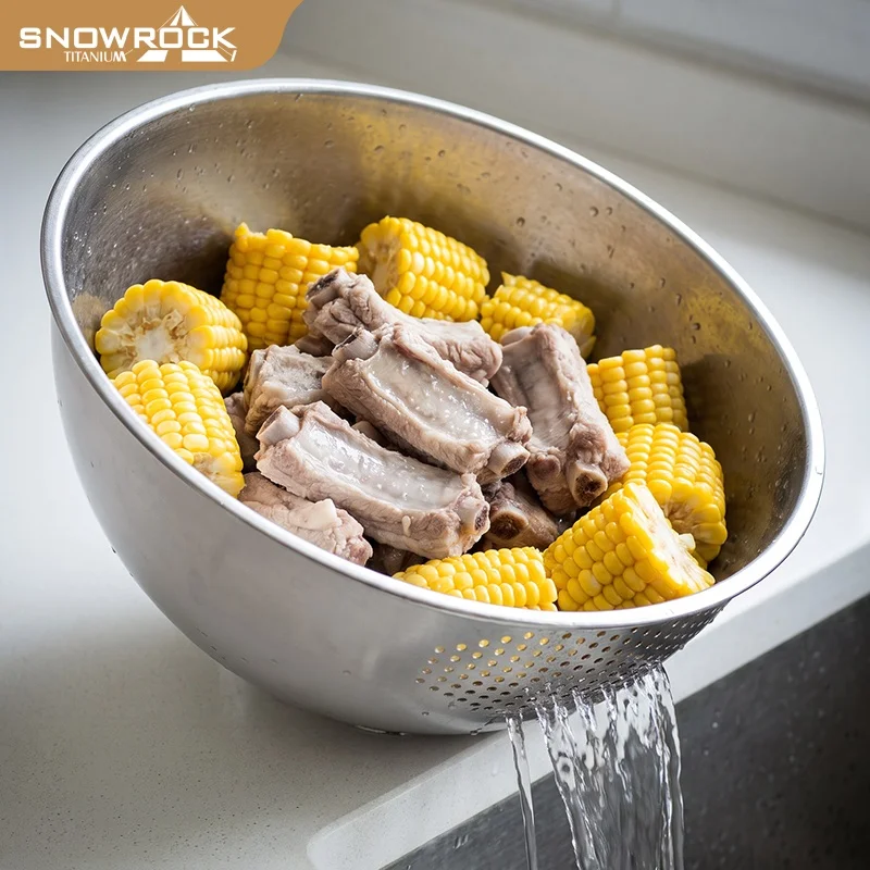 Pure Titanium Colander, Ice Flower Finish Slanted Flat Bottom Strainer Bowl, Ultralight Drain Bowl for Kitchen Fruit Rice Campin