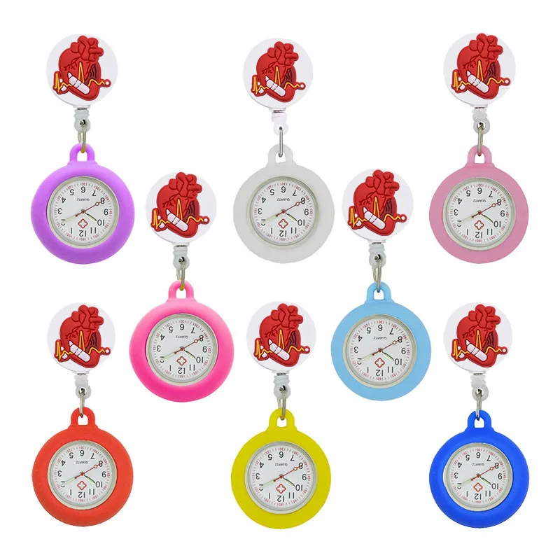 

YiJia 10pc Retractable Badge Reel Beating Heart Quartz Pocket Watch for Nurse with Silicone Case and Luminous Pointer