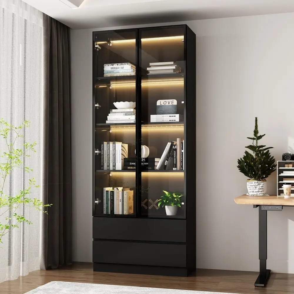 Curio Display Cabinet with Light, Storage Shelves with -up Glass Do, 2 Ders & 3 Color Light, Collectibles Cabinet Display Shel,