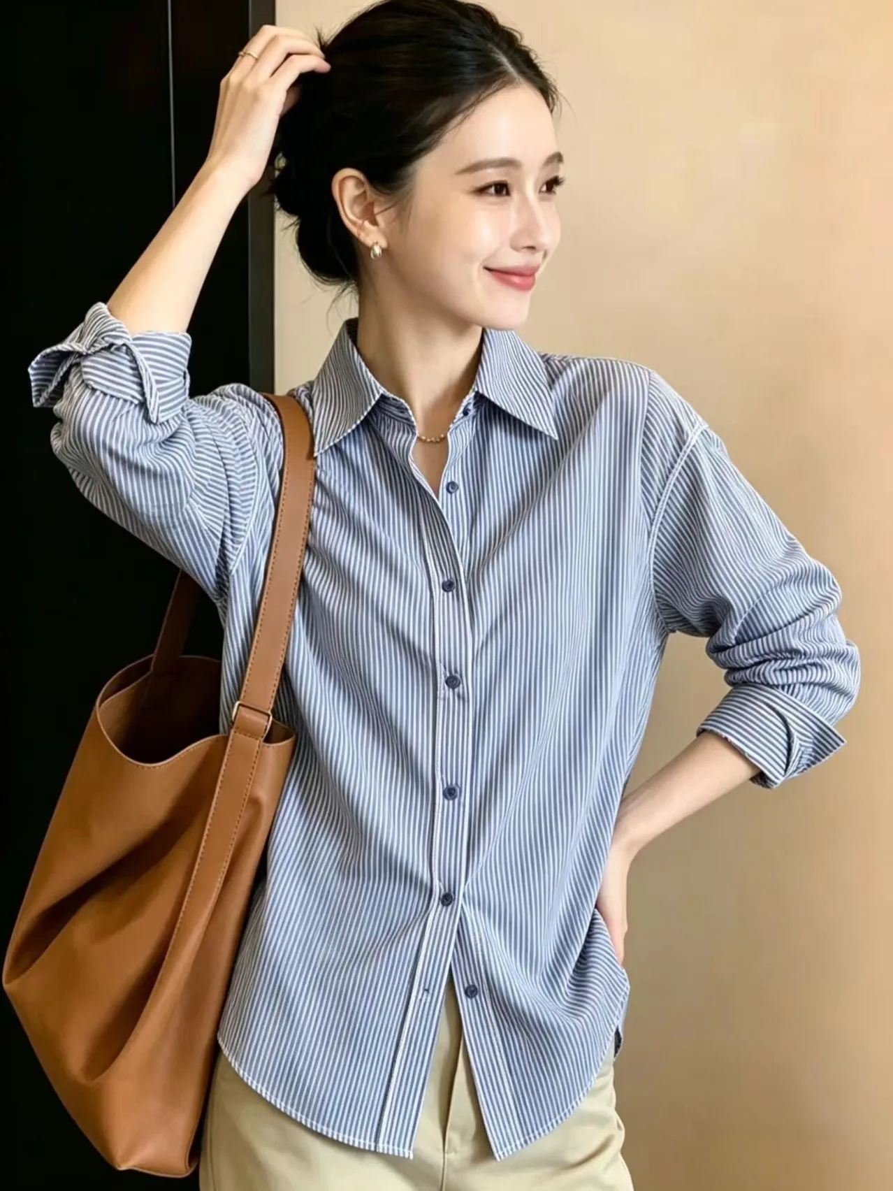 Women's Long Sleeve Shirt Vertical Stripes Turn-down Collar Commute Simple Match All Autumn New Style Fashionable Top