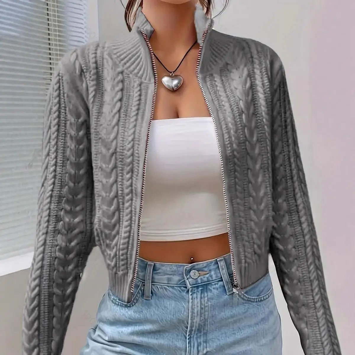 

Women's ort Knitted Cardigan Autumn 2025 Spring Summer Loose Fit Casual Sle Zipper Twist Knit Stand Collar Sweater
