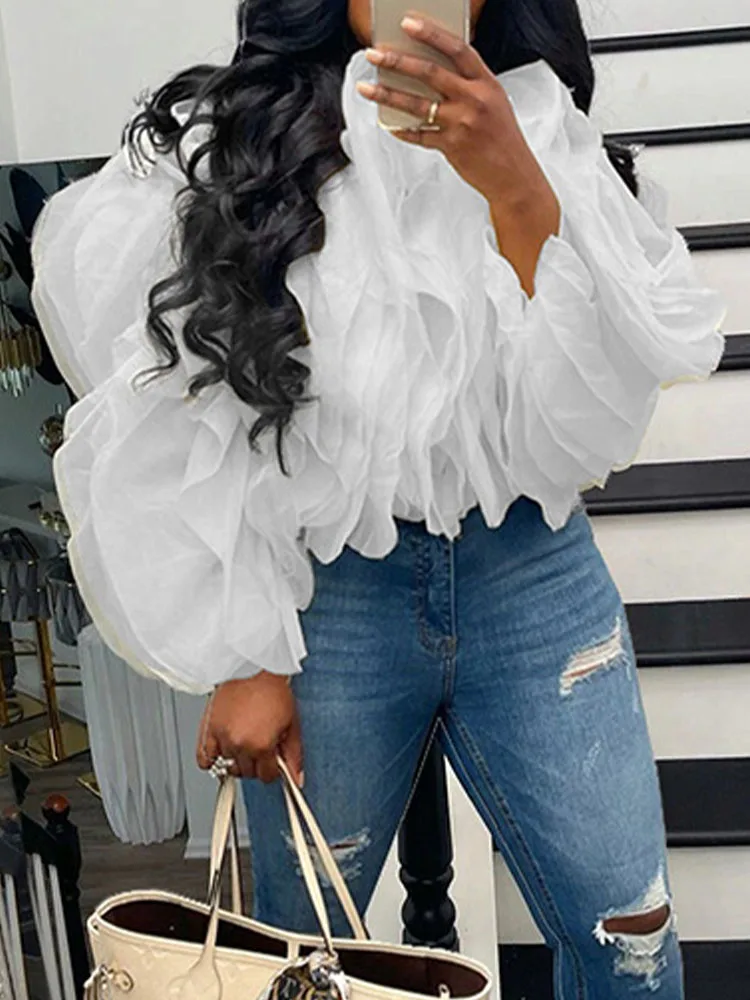 

White Chiffon Blouse Women Autumn Sexy See Through Puff Sleeve Crop Top Female Elegant Fashion Ruffle Layered Casual Loose Shirt