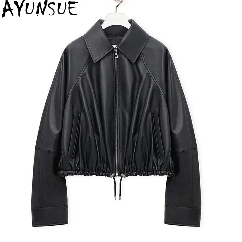 AYUNSUE ของแท้หนังแจ็คเก็ตผู้หญิงหนังแกะธรรมชาติสตรีรถจักรยานยนต์แจ็คเก็ตฤดูใบไม้ผลิฤดูใบไม้ร่วงเสื้อผ้าหลวม Fitха