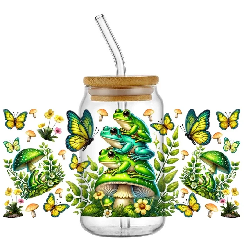 Cute Bunny Mushroom Bee Floral Rainbow UV DTF Cup Wrap, Waterproof Transfer Decals for 16oz Libbey Glass Can