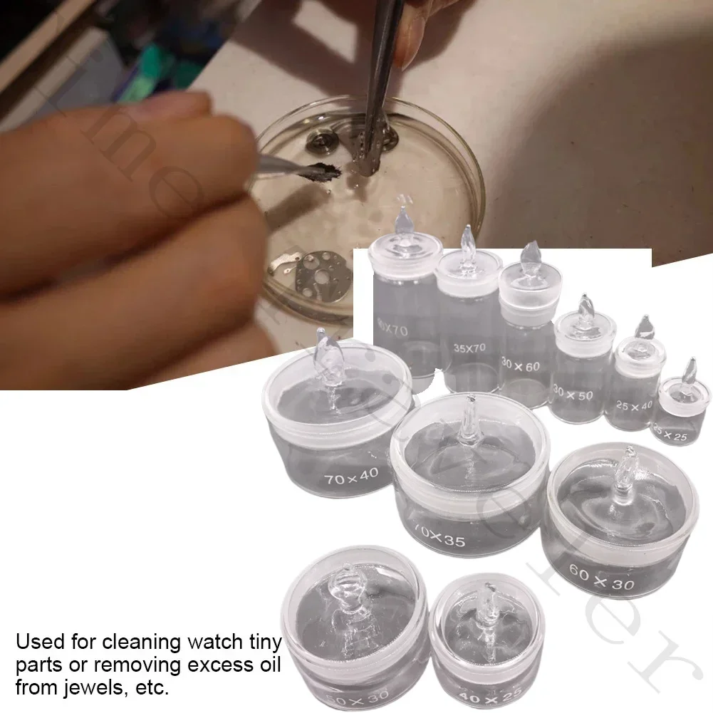 Vaso per il lavaggio dell'olio dell'orologio in vetro parti dei movimenti dell'orologio riparazione del vetro vaso per la manutenzione della pulizia con coperchio antipolvere per orologiaio