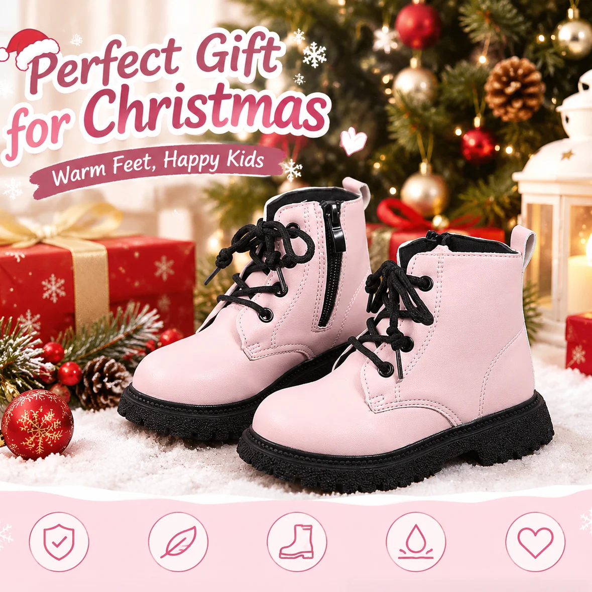 COMFY KIDS Girls Ankle Boots Glossy PU Upper Lace Up Side Zipper Thick Chunky Sole Fashion Casual High Top Kids Boots