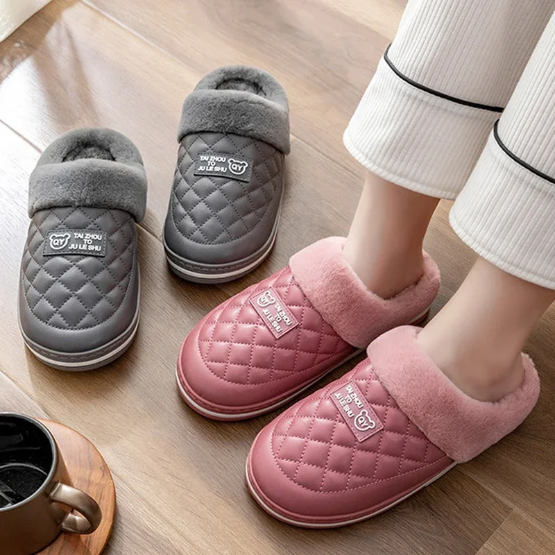 

House Grid Fuzzy Slipper Women Winter Warm Fur Plush Indoor Lazy Female Thermal Furry Home Room Shoe Flat Flip Flop Men Male