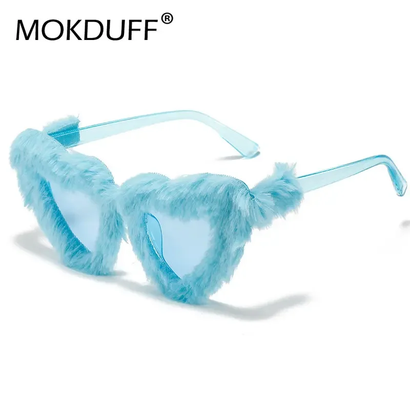 Retro Heart-Shaped Soft Plush Sunglasses Women Fashion Blue Pink Eyewear Trending Men Cat Eye Sun Glasses Shades UV400