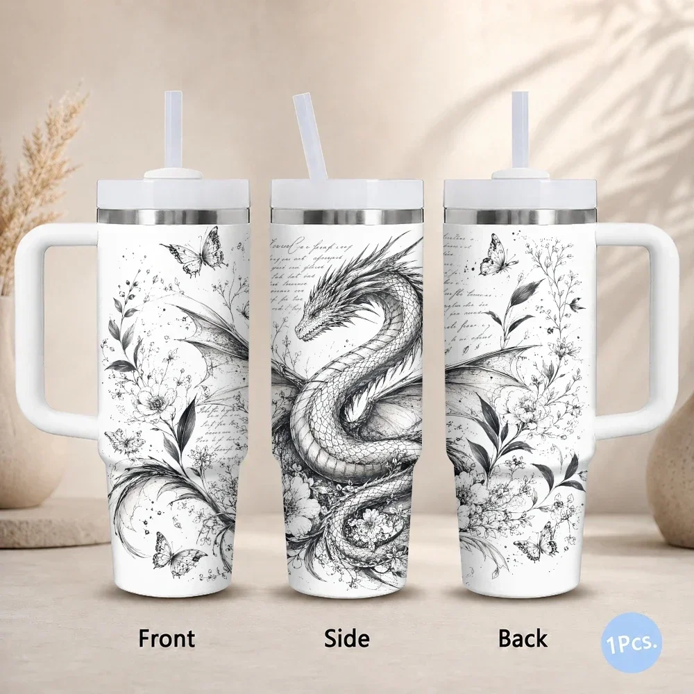 New Trendy Dragon Pattern Vacuum Flasks 40oz Stainless Steel Insulated Tumbler with Handle Straw Lid Leakproof Travel Mug