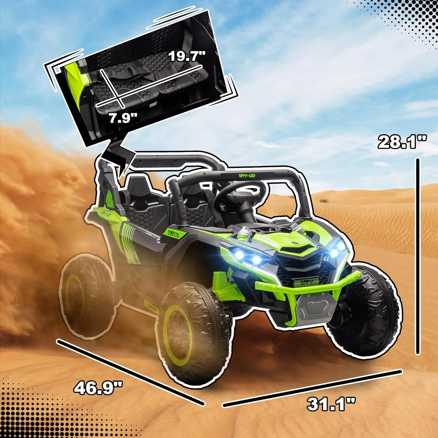 ركوب بمقعدين على UTV، سيارة كهربائية للأطفال 24 فولت 7AH مع 4 ممتصات للصدمات، بوق موسيقى وأضواء LED، لعبة تعمل بالبطارية f