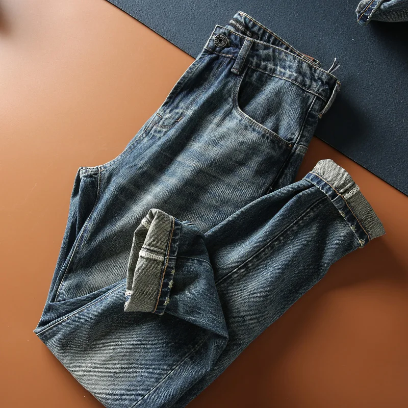 

Retro Waed 3D Tailored Heavyweight Denim Jeans Vintage Lightened Casual Long Trousers Trendy All Seasons Straight Leg Jeans