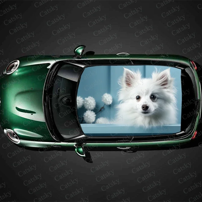 White Fluffy Cute Dog Car Roof Sticker Wrap Racing SUV Accessories Packaging Painted PVC Custom Car Graphic Decal