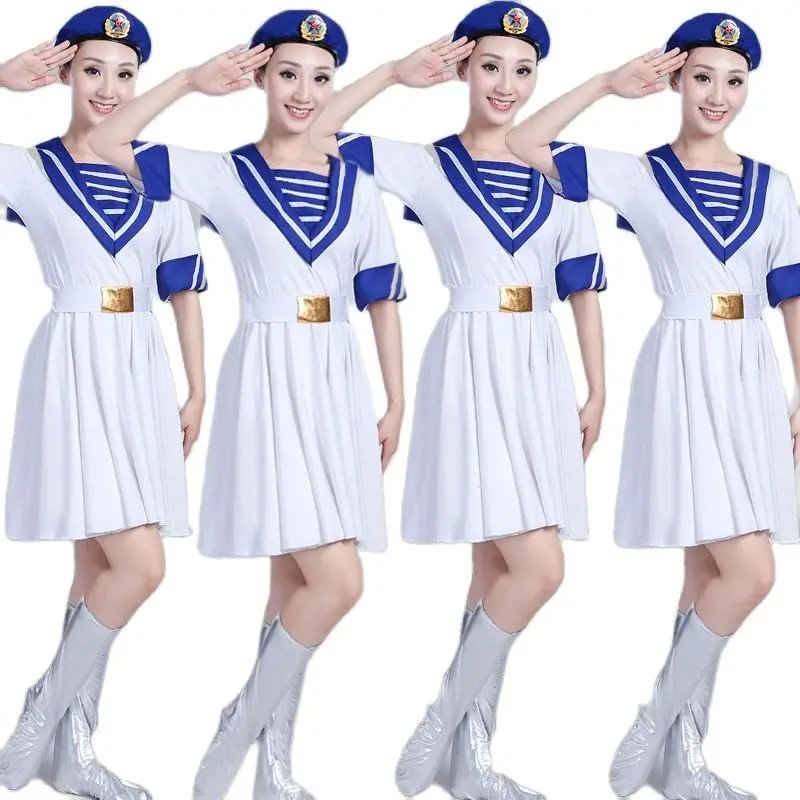 Uniforme militar branco para mulheres, roupas de marinheiro, traje marinho, manga curta, coro do exército, vestido para performance de palco