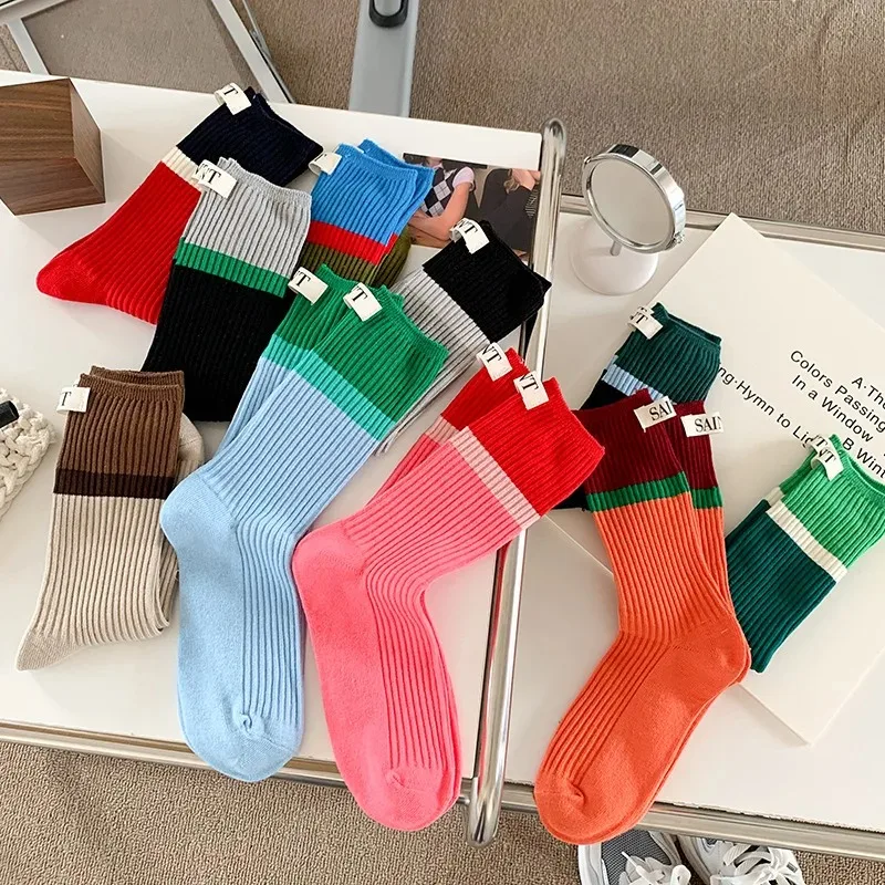 Contrast Colored Socks, Women's High Top Pile Up Socks, Korean Version of Spring/summer Cotton Socks