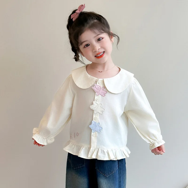 

Girls Embroidered Doll Collar Shirt with Thin Cartoon Pattern Cute Long Sleeved Childrens Top
