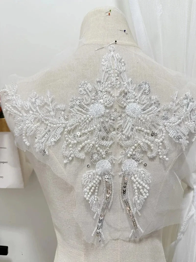 Heavy - duty Bead - tube Embroidered Lace Sequined Flower Patches for Wedding Dresses and Clothing Decoration DIY Materials