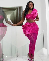 with 3D Hand Flowers Sexy Black Girls Birthday Party Dress Beading Chain Formal Gown Glitter Beaded Fuchsia Aso Ebi Prom Dresses