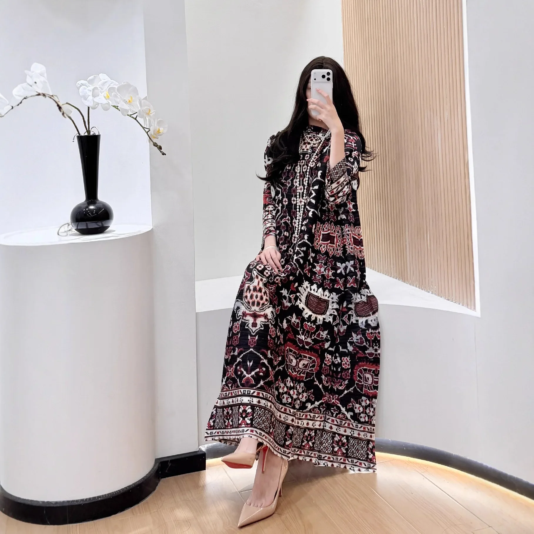 KAF Ethno-Druck-Maxikleid, Vintage-inspiriertes Langarm-Boho-Kleid für Damen, perfekte böhmische Freizeitstile, grenzüberschreitende Mode