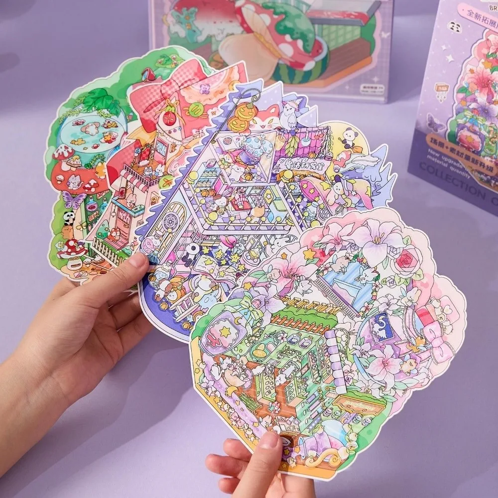 PET 3D Landscape Stickers 8/10 Scene 20 Sheets 5.0 6.0 7.0 Visual Stacking Sticker Cartoon Town Large Style Cabin Scene Stickers