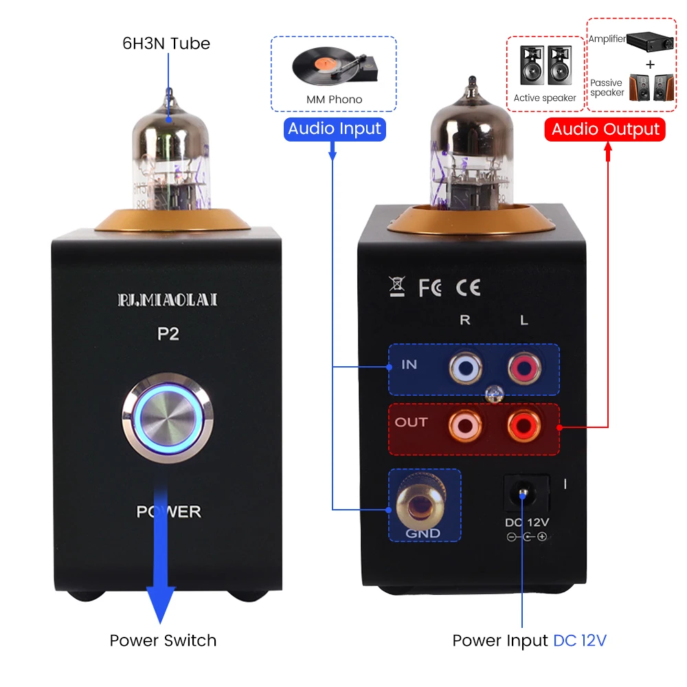 MMini Phono Power Amplifier 6H3N Fever Tube Phonograph Preamp MM Amplifier Home High Quality HD Lossless HIFI Audio Equipment