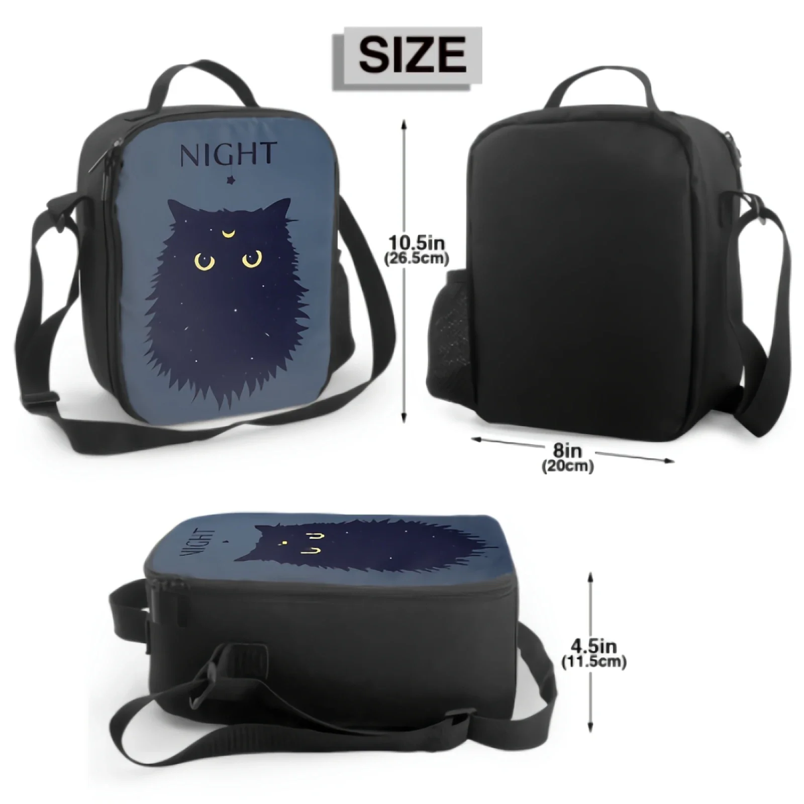 Black Cat Lunch Box Insulated Meal Bag Crescent Moon Symbol Lunch Bag Thermal Food Container for Boys Girls School Travel Picnic