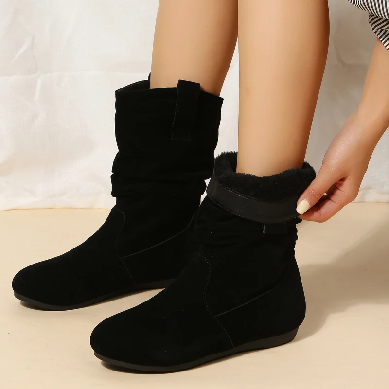 Women Flat Mid-calf Suede Ankle Boots Platform West Cowboy Shoes Round Toe Boot 2024 Autumn Designer Ladies Suede Botas De Mujer