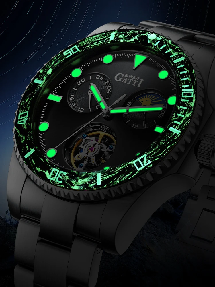 BONEST GATTI 남자 자동 시계 42mm 기계식 손목 시계 사파이어 빛나는 탄소 섬유 베젤 24 시간 주야간 다이얼