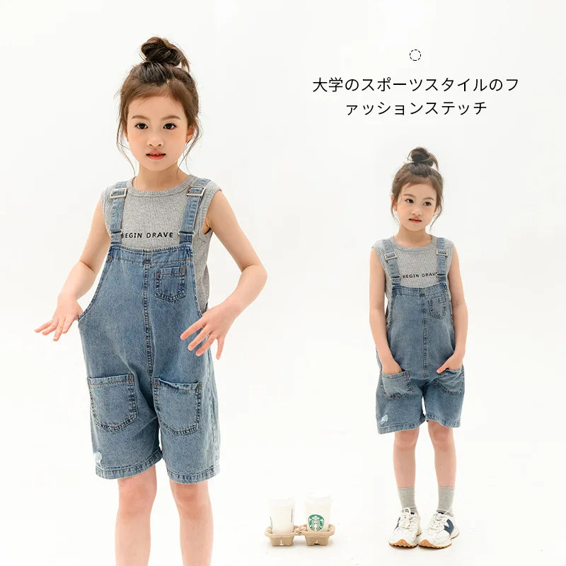 

2024 Korean Summer Junior Girl 2PCS Clothes Set School Girl Letter Printed Vest+denim Strap Shorts Set For Girls 4-12Yrs