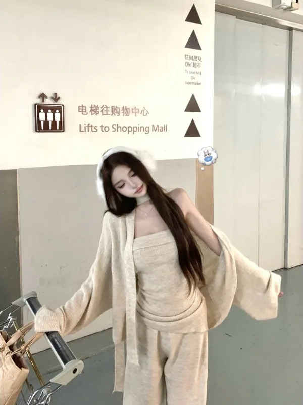 

Laid-back Style Long Sleeve Knitted Sweater Coat Tube Top Vest Women's Casual Set Wide Leg Pants Three-piece Set