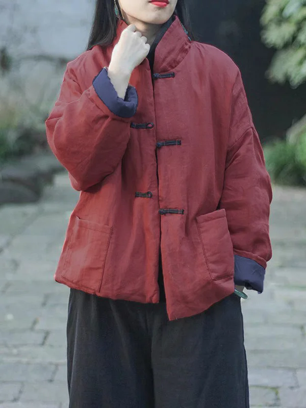 

Retro Large Size Women's Cotton Linen Jaet Thiened ort Sle Soft Stand Collar Coat Winter New Arrival Casual Commute