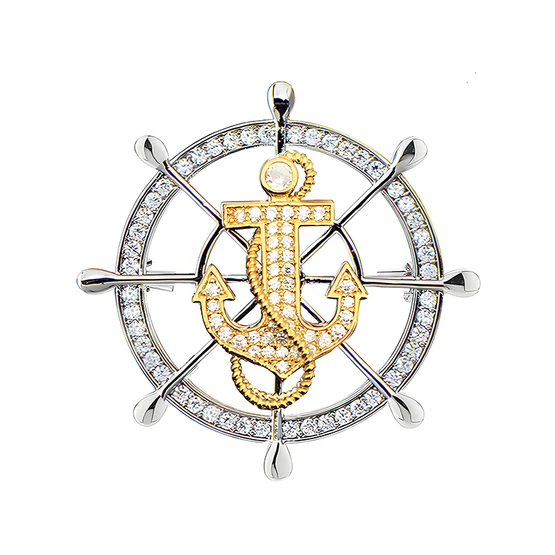 Light Luxury Zirconia Rudder Brooch Copper Plated With Gold Platinum Creative Rotatable Compass Anchor Design Brooches Nice Gift