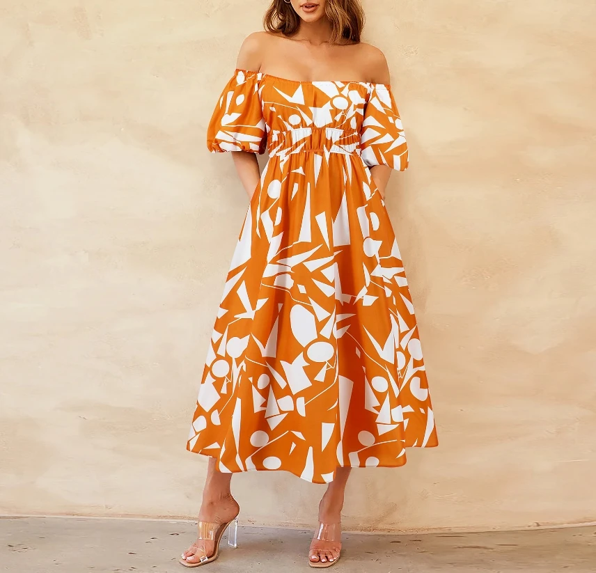 Pretty Girl 2024 Hot Selling Hot Selling Summer Fashion Printed Bubble Sleeves Off Shoulder High Waist Big Hem Dress In Stock