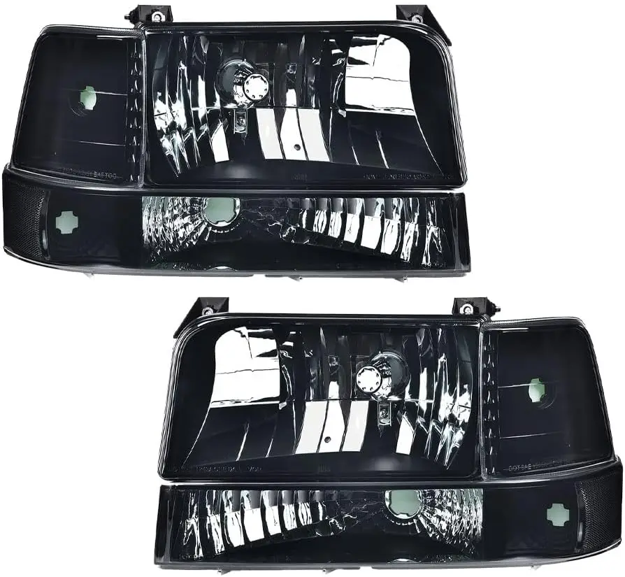 

Halogen Headlights w/Corner Signal Bumper Lamps, Compatible with 92-96 Ford F150/250/350 Bronco Smoke Lens Black Housing Clear R