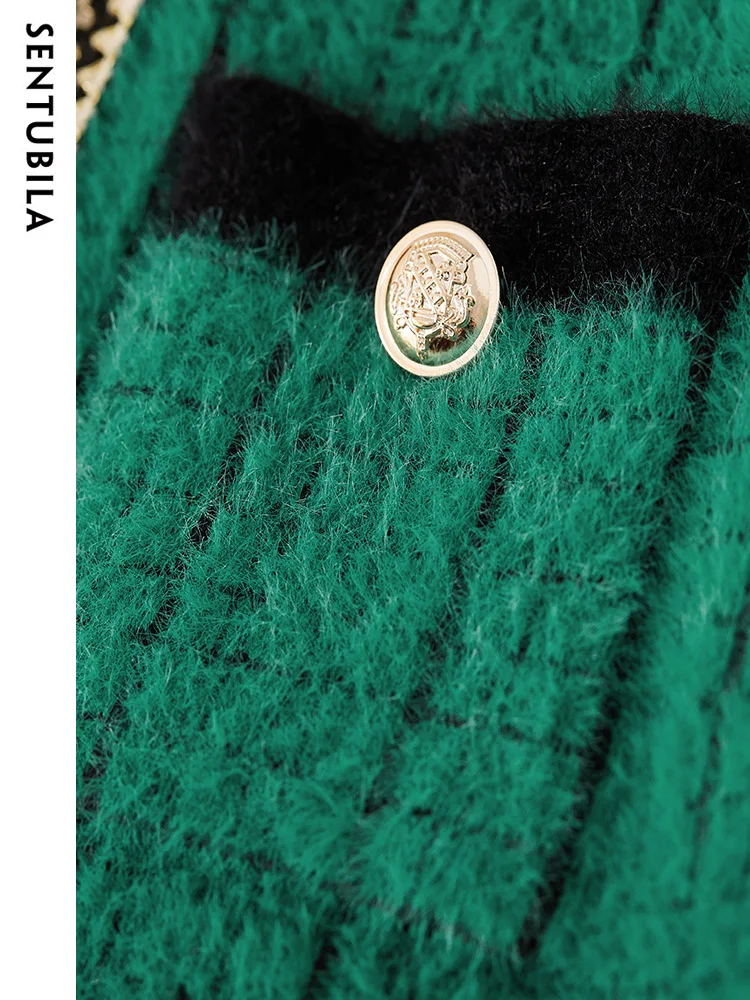 SENTUBILA Spring Fashion Tweed Sets O-neck Long Sleeve Jacket A-line Mini Skirt 2024 Elegant Contrast Matching Set W33Z52045