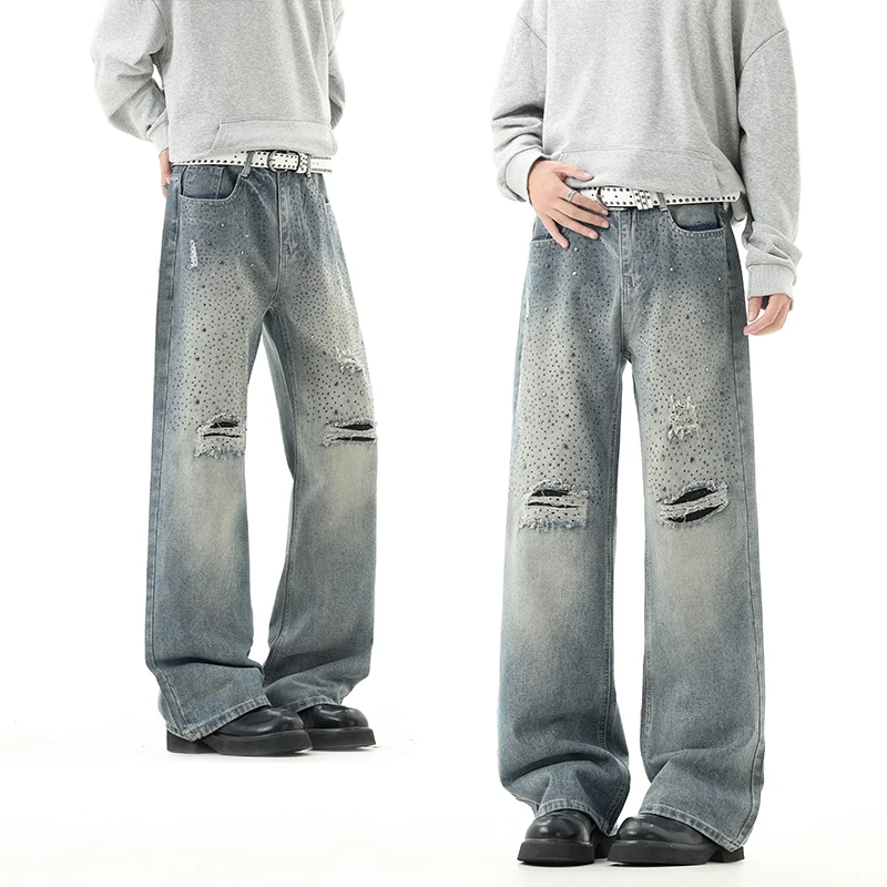 Y2K American High Street Star Rhinestone Flare Jeans Men Women Vintage Ripped Washed Hong Kong Style Baggy Straight Trendy Denim