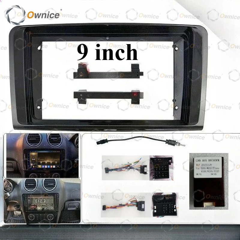 Ownice 9 Car Radio Fascia Frame for 2006 - 2010 BENZ ML W164 UV BLACK Stereo Panel Wire Harness Power Cable Adapter Decoder 2DIN