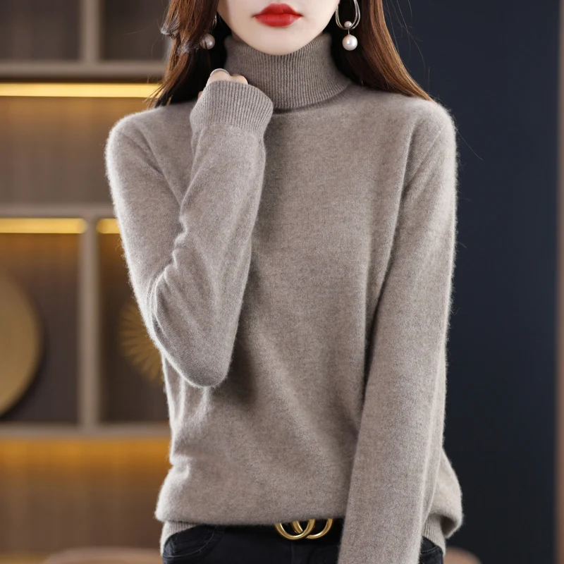 100% Pure Merino Wool Turtleneck Pullover Autumn Winter Keep Warm Cashmere Sweater Woman Casual Knitted Soft Female Jacket Tops