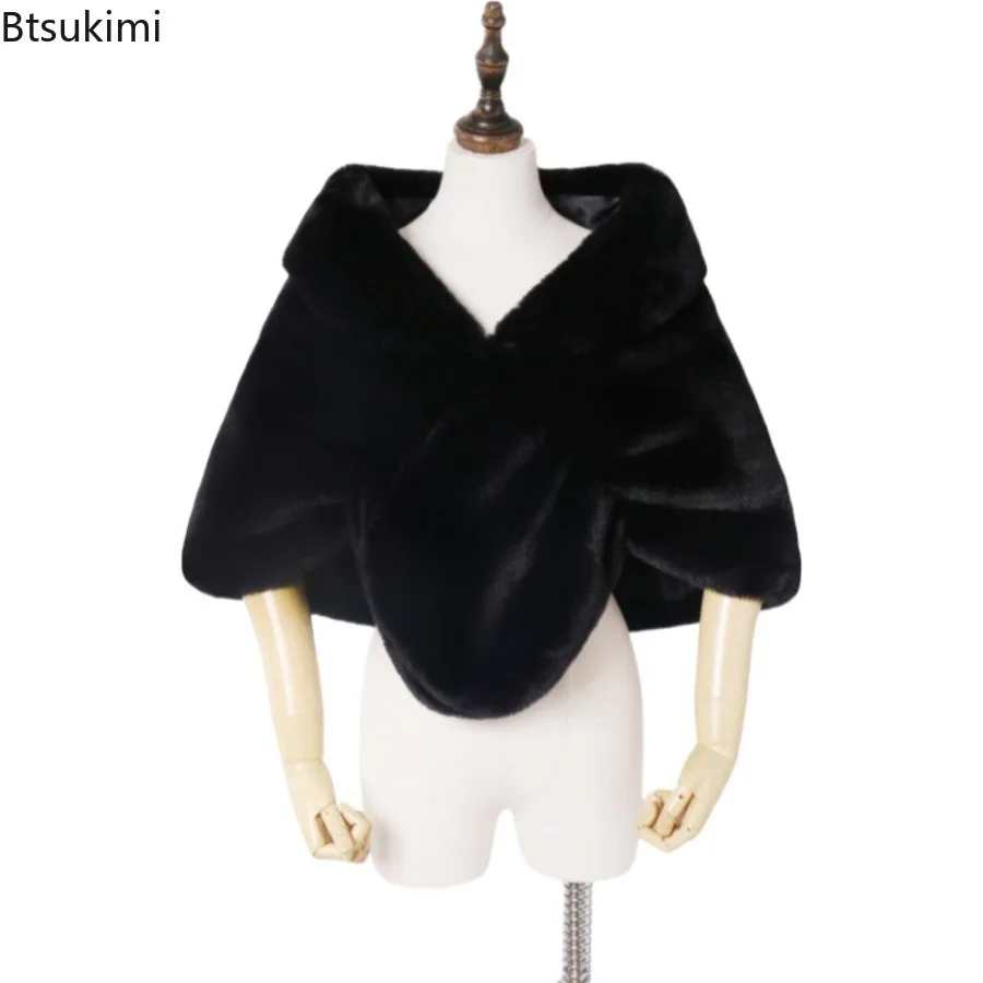 2025 شال فرو صناعي المرأة فستان الزفاف كيب الخريف والشتاء الدافئة تقليد الأرنب الفراء التفاف الزفاف مساء غطاء الكتف