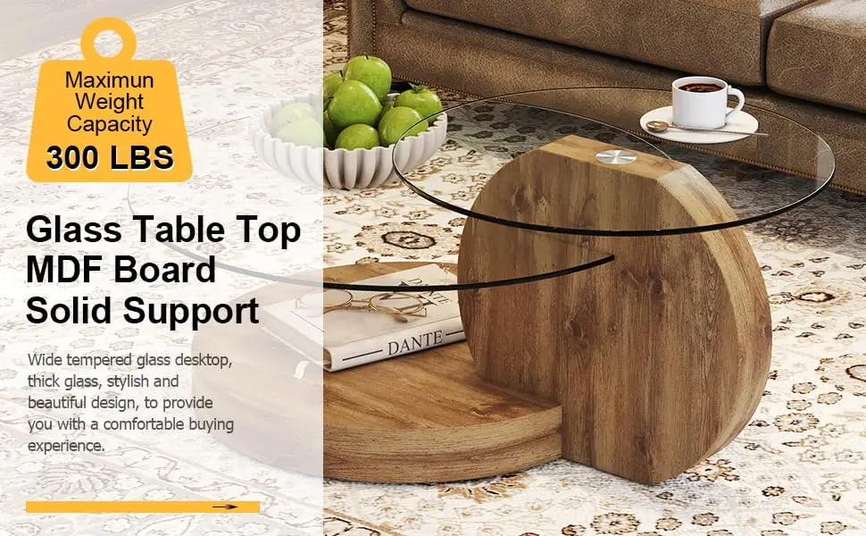 Glass Coffee Table, Modern Round Glass Coffee Table With Wooden Base, 3 Tier Round Coffee Table, Clear Cocktail Table With