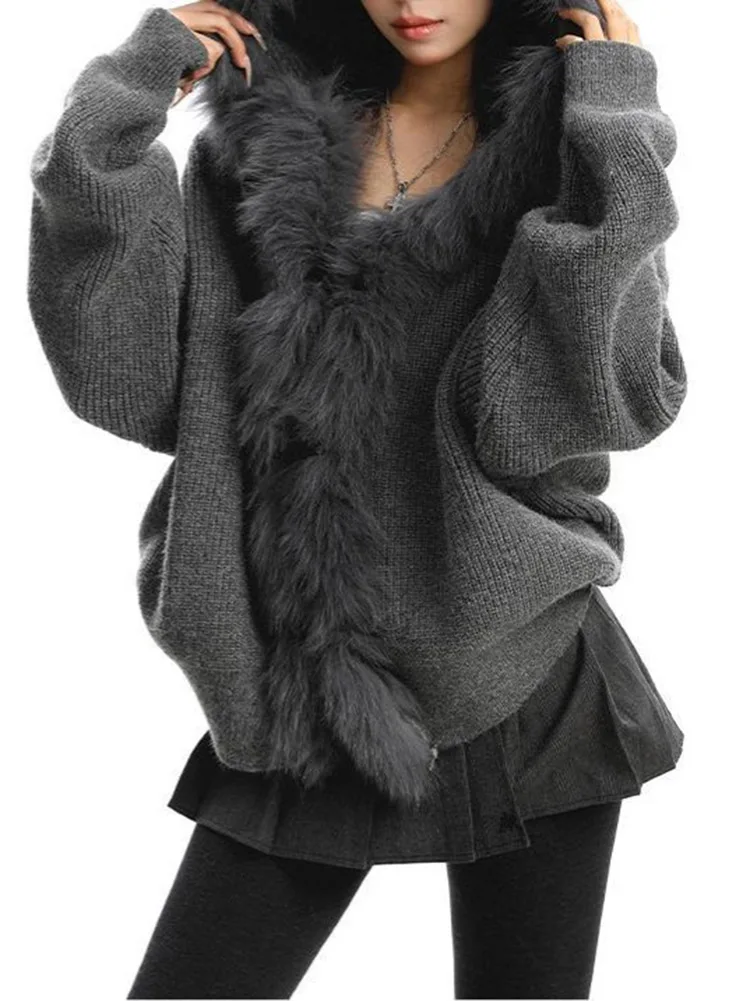 A New Autumn And Winter Women's Loose Knitted Top With A Large Fur Collar And A Hooded Sweater Featuring A Laid-back Style