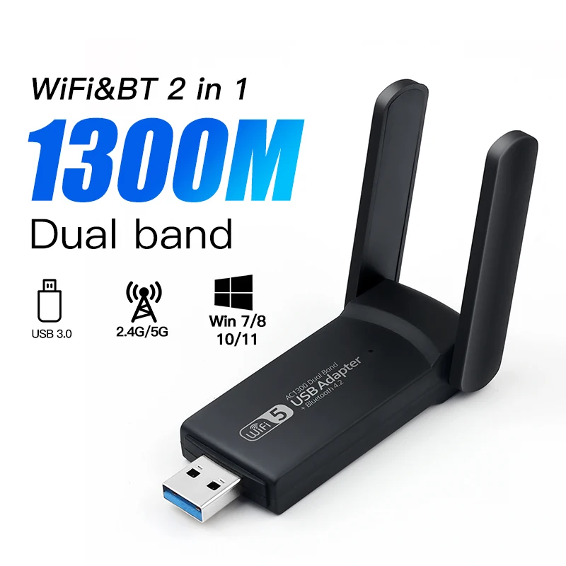 USB 3.0 WiFi Bluetooth 4.2 1300Mbps Adapter Dual Band Network Card WiFi Antenna For PC Laptop Wireless Reciver Windows 10/11